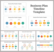 Slide deck showcasing business plan timelines using colorful circles, icons, and arrows in different layout styles.