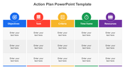 Action plan slide featuring five columns each in different color with icons, multiple caption areas and a title text at top.