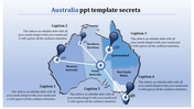 Blue toned Australia map with five labeled regions connected by markers and lines, featuring captions around it.