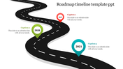 Roadmap timeline slide showing milestones for the years 2019 to 2021 along a winding road with captions for each point.