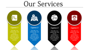 Our Services slide has four colored sections, each representing different services, featuring icons and text captions.