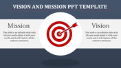 Slide featuring a red target symbol with an arrow in the center and text sections for both mission and vision.