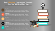 Best education template with five captions listed on the left and an illustration of  study icons in a grey background.