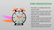 Slide with a colorful alarm clock image and placeholder text on a grey backdrop.