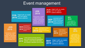 Event management slide timeline for 2019, displaying months with bold text and various colored blocks with text area.