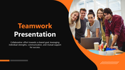 A black and orange teamwork theme, featuring multiple slides on effective teams, communication, and conflict resolution.