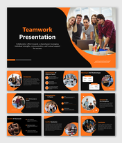 A black and orange teamwork theme, featuring multiple slides on effective teams, communication, and conflict resolution.