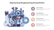 Mechanical engineering slide featuring gears and a technician, alongside key engineering subjects with icons.