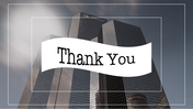 Modern thank you slide with bold text on a white ribbon overlay, set against a backdrop of skyscrapers.