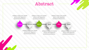 Timeline with six circular markers alternating in pink, green, and gray, on a white background with abstract shapes.