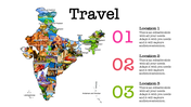 Colorful map of india showcasing popular travel destinations with three numbered points with placeholder text.