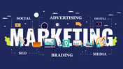 Digital marketing slide with a large text surrounded by icons on a dark blue backdrop.