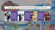 Four wedding couples images with purple caption box, aligned with sea background, surrounded by floral designs and text.