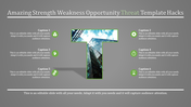 SWOT PPT slide featuring a T letter in the building backdrop and symbols representing business concepts with captions.