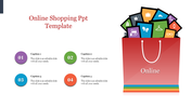 Online shopping template with icons in a red shopping bag on the right, and four numbered captions on the left.