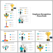 Employee Recognition slides with illustrations of awards, trophies, and celebrations for acknowledging achievements.