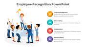 Employee recognition slide featuring a group of employees celebrating a colleague's achievement with a trophy.