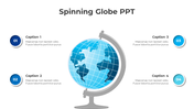 Illustration of a spinning globe on a stand, representing global themes with four captions.