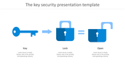 A slide showing a key unlocking a padlock represents the concept of security with three sections.