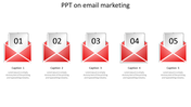 Email marketing template with five envelopes, each numbered, and spaces for captions areas.