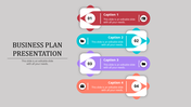 Business plan slide with four numbered blocks in red, blue, purple, and orange, arranged vertically, on a gray background.