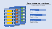 Illustration of three data servers with colored panels, and numbered caption boxes on the right, on a blue background.