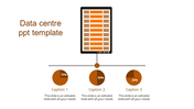 Data center slide with server icon above three pie charts labeled with captions below.