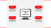 Central computer screen connected with four red rectangular boxes, arranged in a square layout, on a light background.