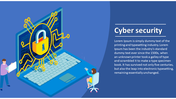 Blue themed cyber security slide showing a lock on a laptop screen with a network pattern, symbolizing digital security.