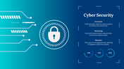 Cybersecurity lock icon with circuit lines with text and percentage indicators on the right on a blue gradient background.