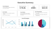 Overview slide with executive summary details, with pie chart depicting cost and market share analysis.