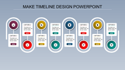 Colorful timeline with eight circular milestones from 2012 to 2019, each connected to text boxes in a curved layout.