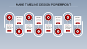 Horizontal timeline with eight red circular markers, each connected to a white text box, on a gray background.