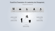 Management hierarchy slide with five icons at the top, linked to figures in a triangular layout below, by lines.