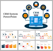 Slide deck explaining CRM system structure, showing various software options connected to customer and sales management.