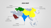 Asia map slide with highlighted countries in different colors, labeled with text for location details.