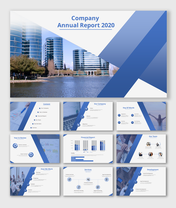 Annual report slide deck featuring financial data, graphs, charts, and team introductions in blue toned layout.