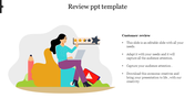 Review template featuring a woman giving star ratings,   with textbox for customer feedback and presentation tips.