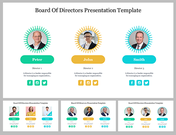 A pack of board of directors slides showcasing three directors with photos, names, and brief descriptions, along with icons.