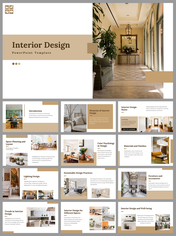 Slide deck with images of stylish interiors and sections covering design elements with text descriptions.