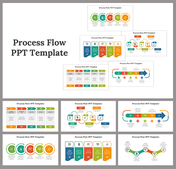 Collection of process flow slides showcasing different step by step diagram designs in various styles and colors.