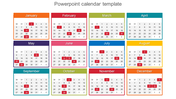 Multicolour calendar template featuring a month-by-month layout with key dates highlighted in red, perfect for planning.