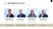 Company management team slide featuring four leaders highlighting their leadership and business roles.