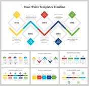 Timeline slide pack with colored diamonds and arrows in yellow, red, blue, and green, showcasing various year layouts.