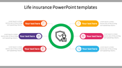 Life insurance slide with a central icon of a person and shield surrounded by six colorful text boxes with placeholders.