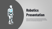 Slide featuring a humanoid robot illustration and a text section describing interdisciplinary aspects of robotics.