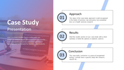 Case study slide with three key sections along with brief descriptions and a laptop image background.