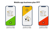 Three smartphone layouts with green, yellow, and red, each with numbers and icons related to mobile app business planning.