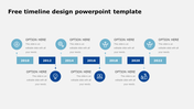 Timeline with alternating blue and teal blocks representing years from 2010 to 2022, each with circular icons and captions.