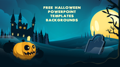 Halloween theme with a castle, pumpkin, barren trees and graves under a full moon, set against blue background.